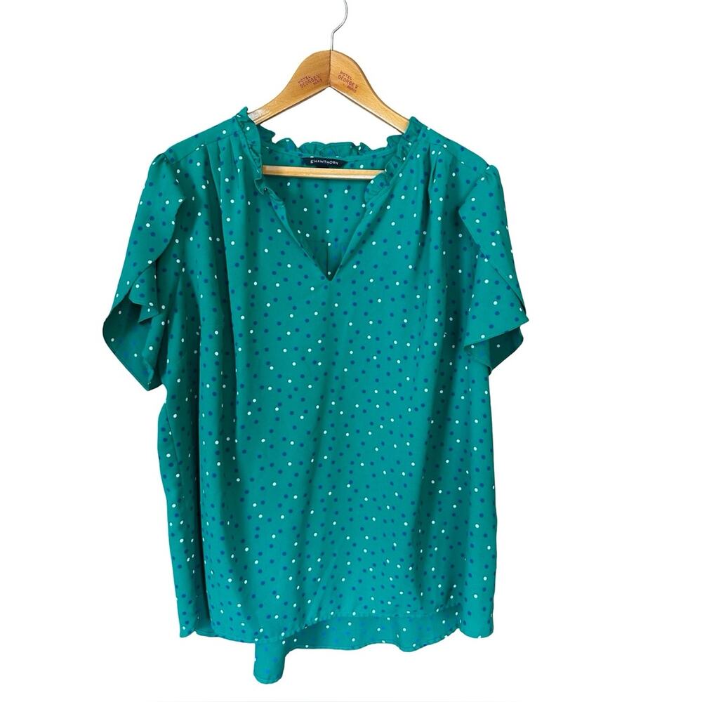 41 HAWTHORN Tiffiny Tulip Sleeve Short Sleeve Blouse Green Dots 3X - Picture 2 of 7